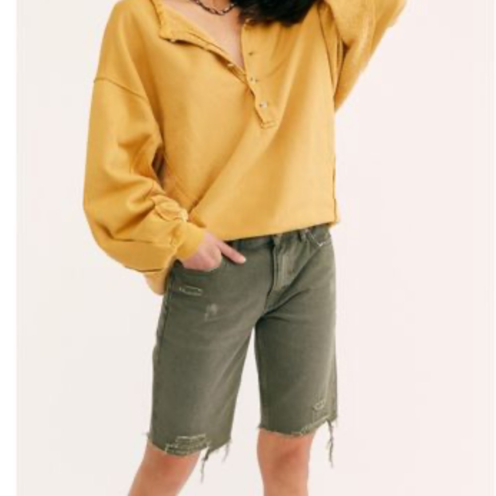 Free People Olive Distressed Bermuda Jean Shorts